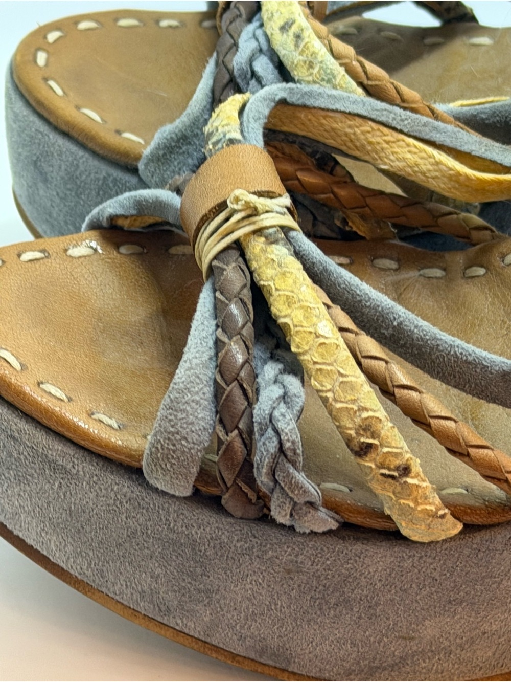 Chunky Suede Platform Sandals with Braided Straps in Taupe and Tan